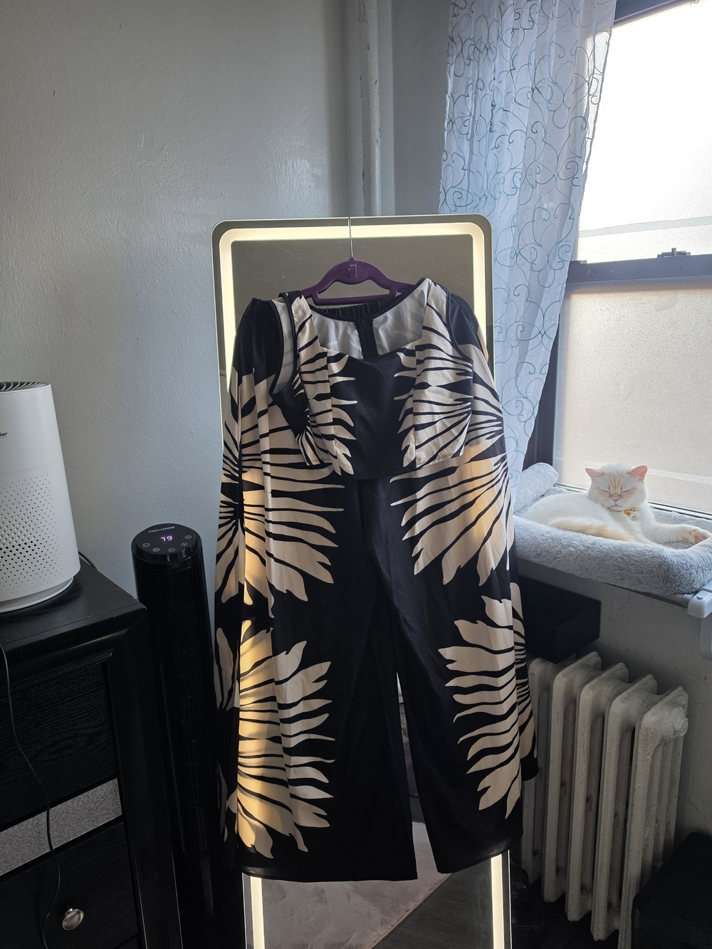 SHEIN Black Jumpsuit with Cream Tropical Leaf Print